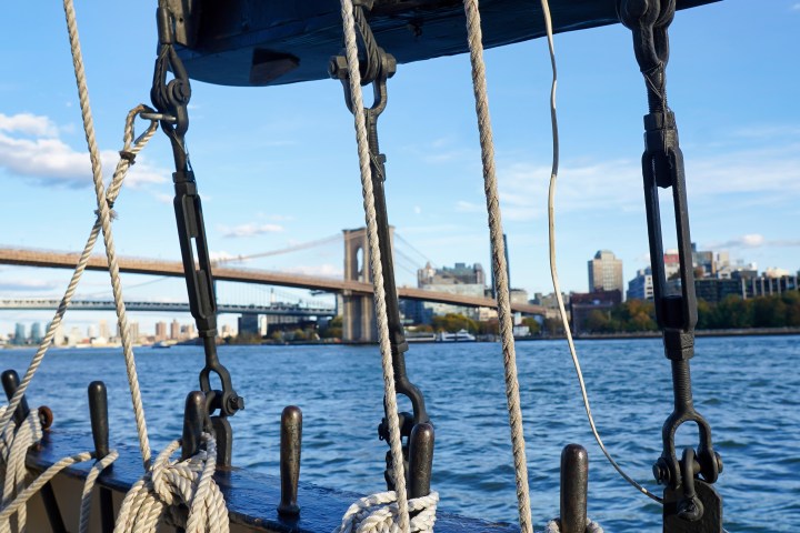 Sailboat ropes and rigging with city skyline and bridge in the background.