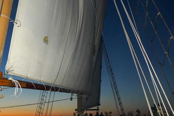 Large sailboat with partygoers on deck at sunset, city skyline visible in the background.