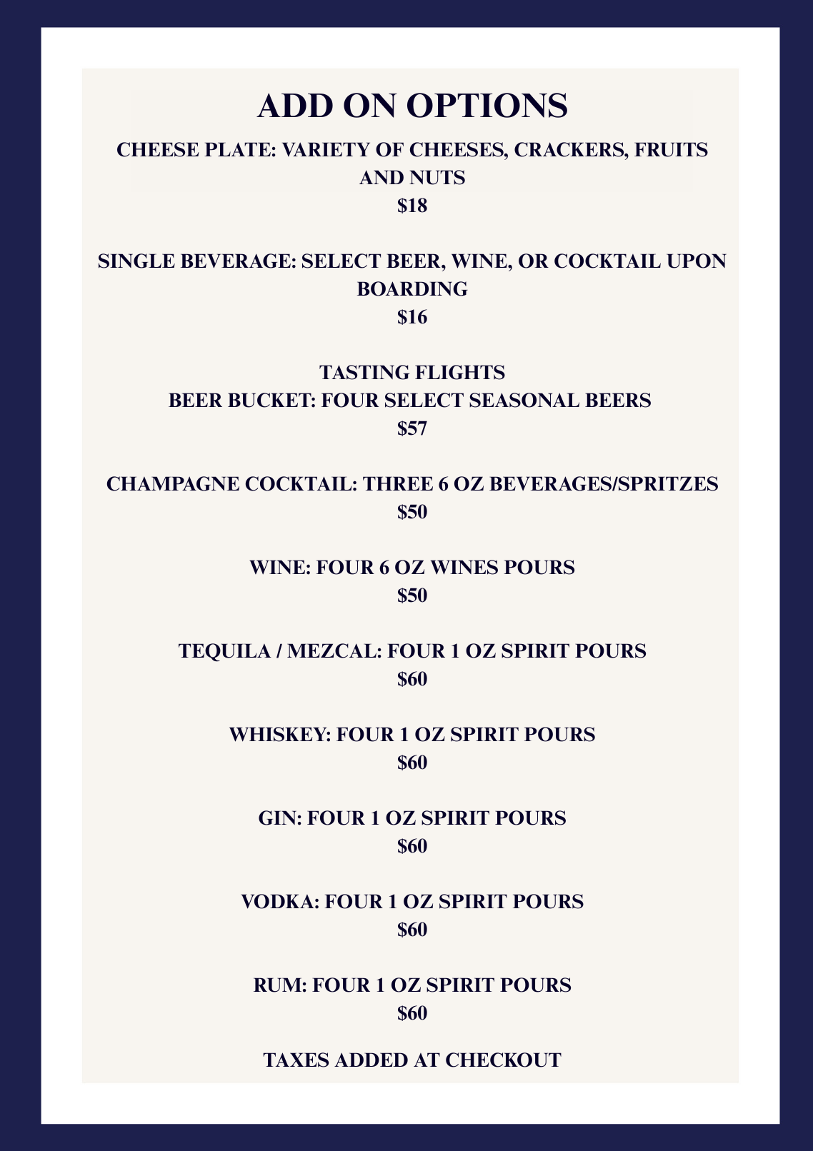 Your paragraph text (1) Menu of add-on options with drinks and prices listed.