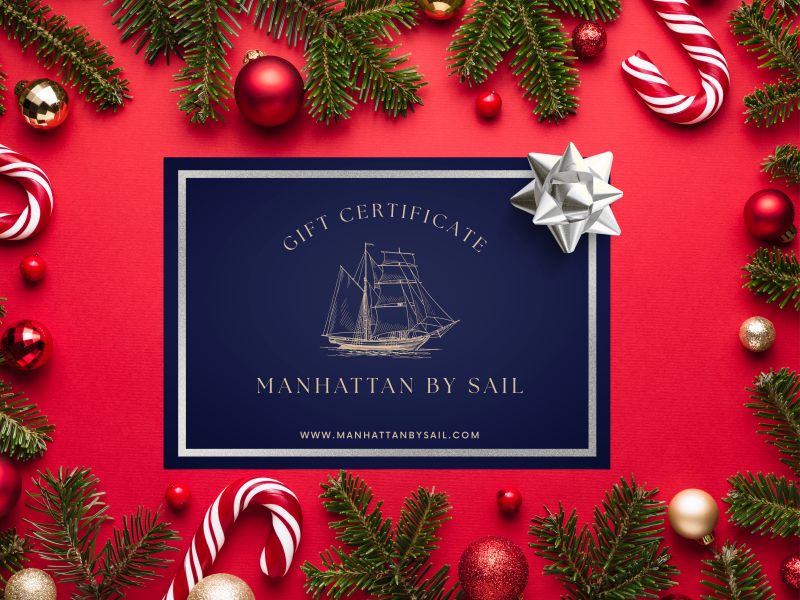 Gift certificate with ship design on blue, surrounded by ornaments and pine on red background.