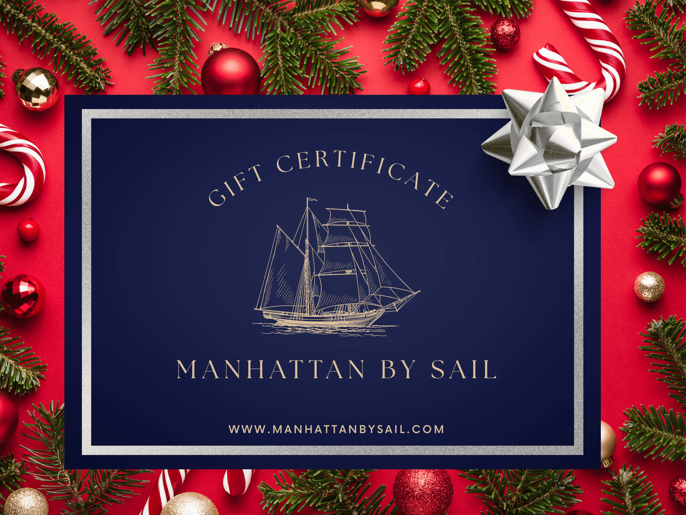 Gift certificate with sailboat, decorated with silver bow and Christmas ornaments on red background.