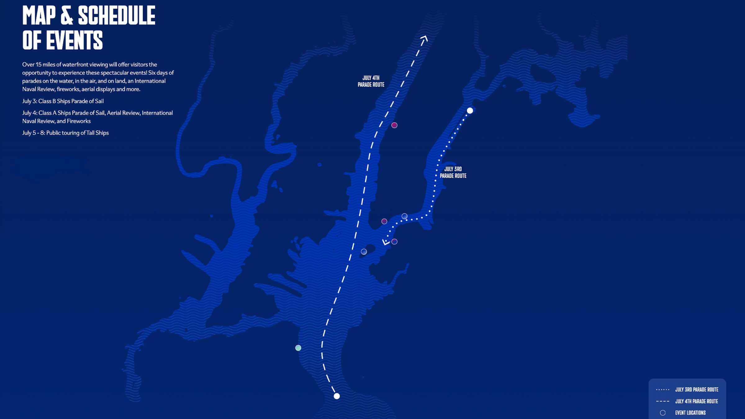 Blue event map with July 3rd and 4th parade routes marked by dashed lines, includes event locations and text details.