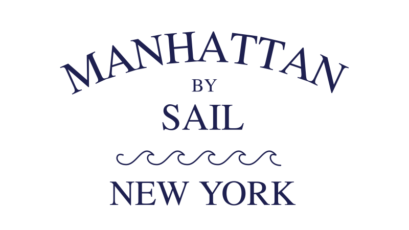 Navy text 'MANHATTAN BY SAIL NEW YORK' with wave line decoration.