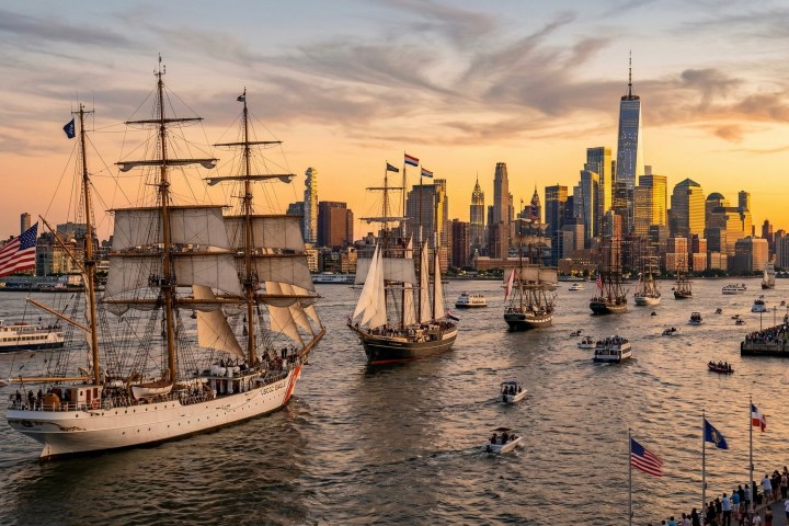 Tall ships sail past a city skyline during sunset, with several smaller boats accompanying them.