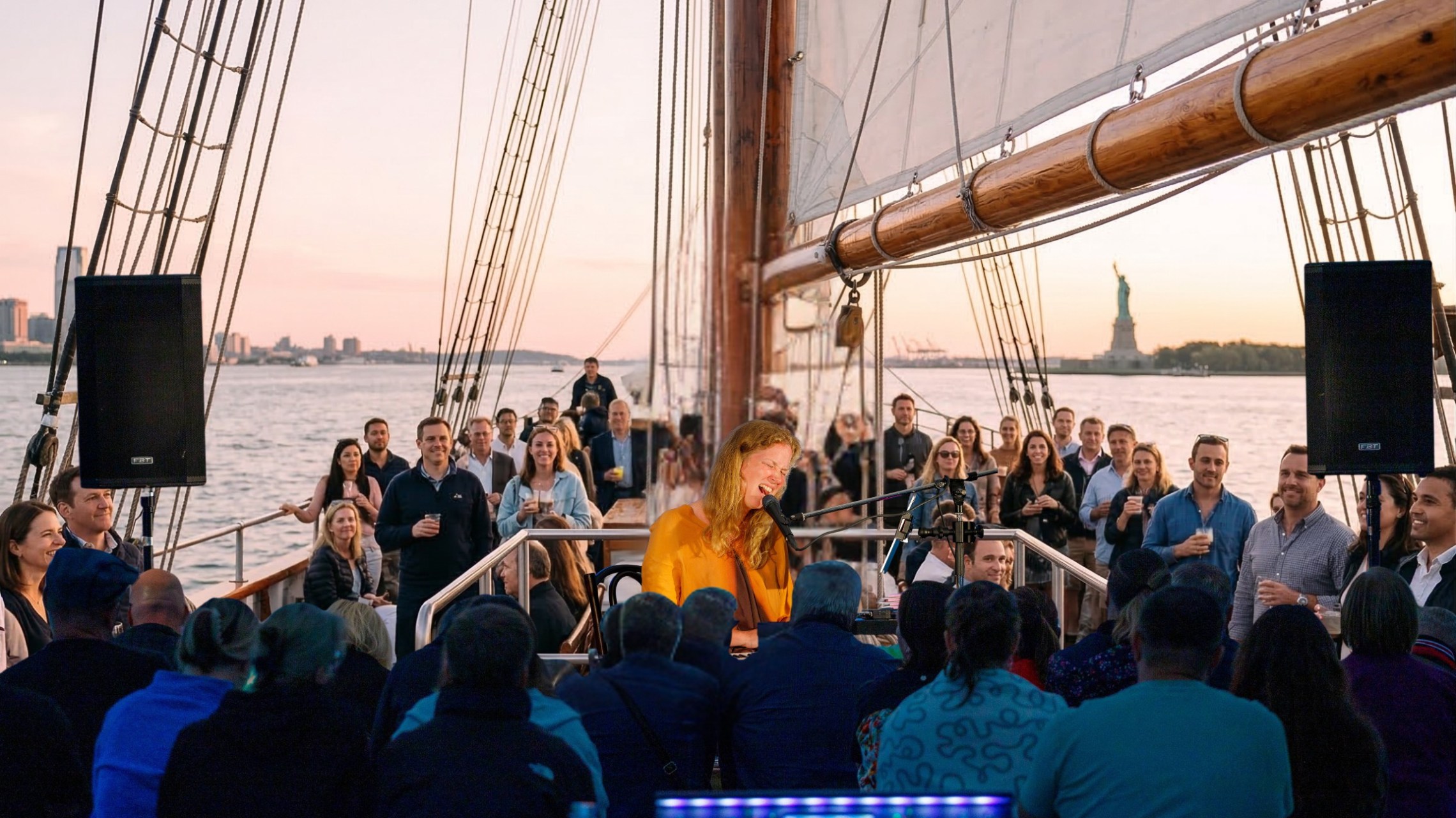 Woman performing on a sailboat with a crowd, sunset, and the Statue of Liberty in the background.