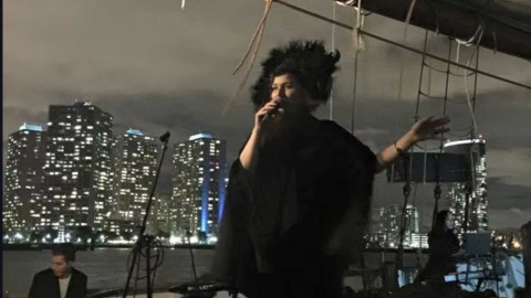 Singer performs on a dimly lit stage with city skyscrapers in the night background.