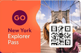 New York Explorer Pass with QR code, Brooklyn Bridge background.