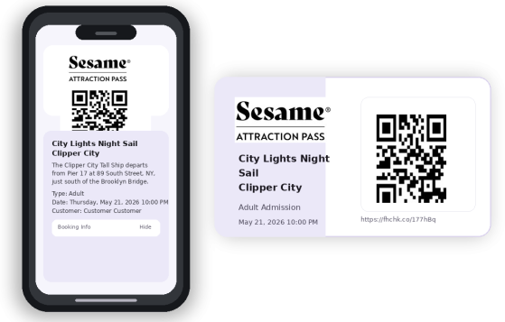 Mobile phone and card showing Sesame attraction passes with QR codes.